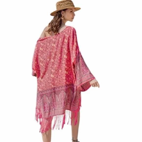 Modern Bohemian Pink Floral Print Kimono with Fringe - Picture 2 of 4
